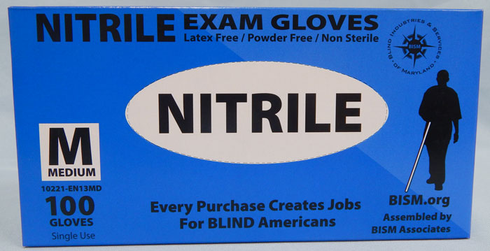 BISM Brand nitrile gloves in blue box - medium size